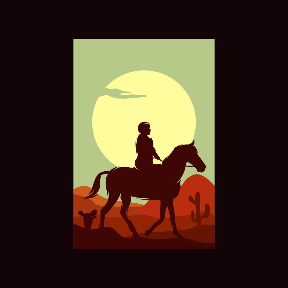 cow-boy, équitation, cheval, silhouette, à, coucher soleil, logo vecteur