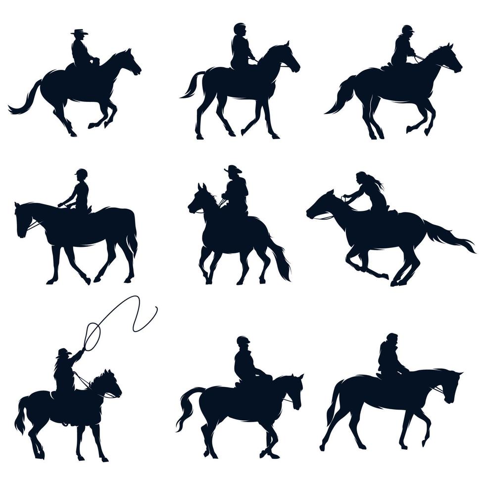 ensemble de cow-boy, cheval cavalier silhouette illustration vecteur