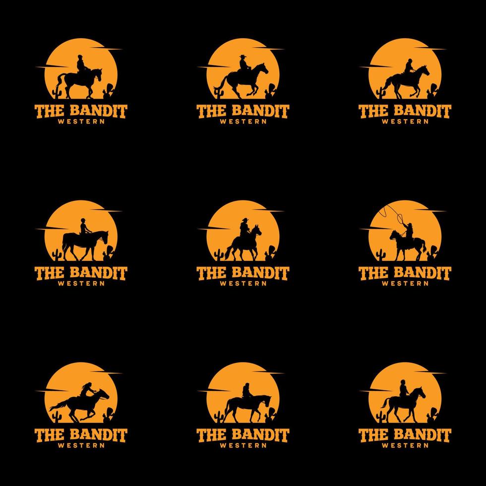 ensemble de silhouette de cheval de cow-boy au logo de nuit vecteur