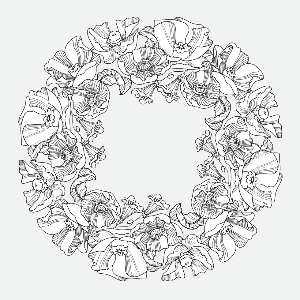 floral contour mandala avec fleurs coquelicot. coloration page. vecteur illustration.