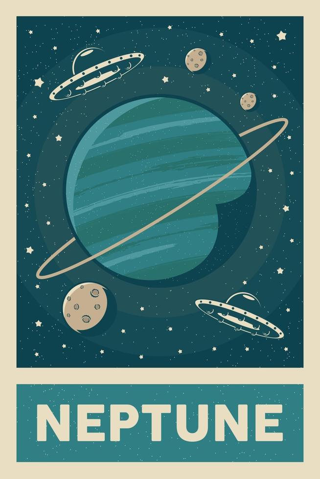 affiche de la planète neptune explorant ufo de style rétro et vintage vecteur