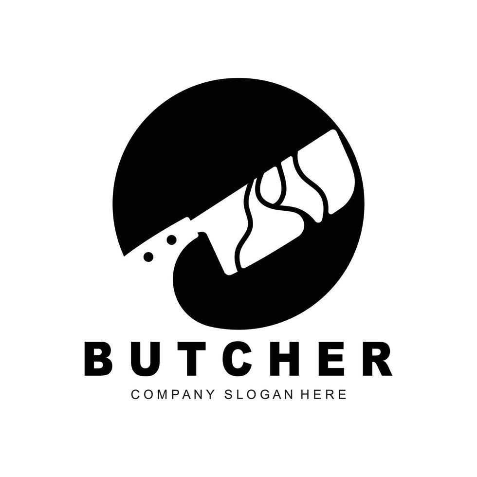 création de logo de boucher, modèle vectoriel d'outil de coupe de couteau, conception d'illustration de marque de produit pour boucherie, ferme, boucherie