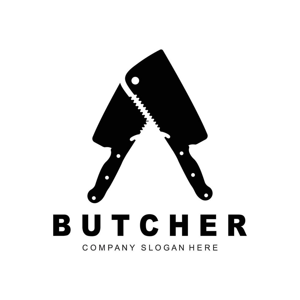 création de logo de boucher, modèle vectoriel d'outil de coupe de couteau, conception d'illustration de marque de produit pour boucherie, ferme, boucherie