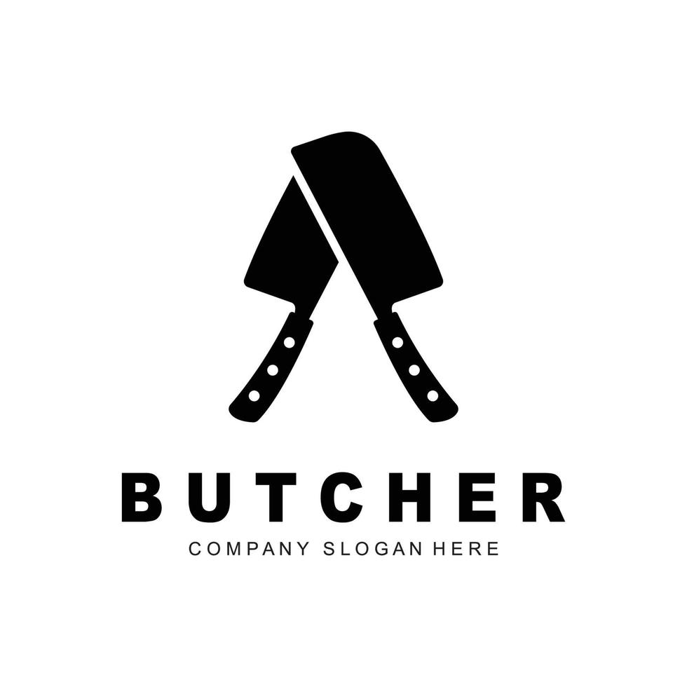 création de logo de boucher, modèle vectoriel d'outil de coupe de couteau, conception d'illustration de marque de produit pour boucherie, ferme, boucherie