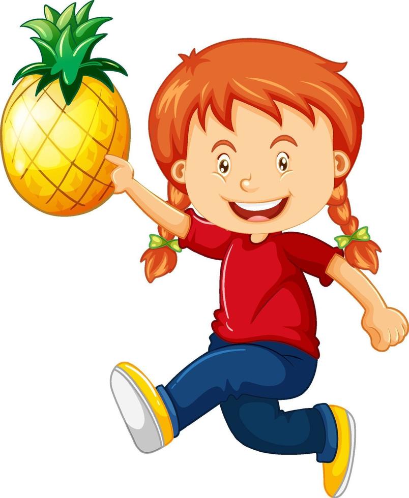 personnage de dessin animé fille heureuse tenant un ananas vecteur