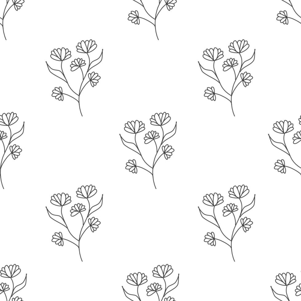 motif floral sans coutures vectorielles, silhouettes noires. abstrait vintage botanique floral. contour des plantes de prairie en noir et blanc. vecteur