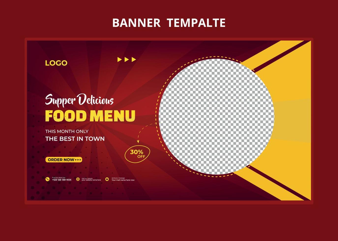 restaurant nourriture menu social médias commercialisation la toile bannière. pizza, Burger ou Hamburger en ligne vente promotion vidéo vignette. vite nourriture site Internet Contexte. la toile bannière modèle. vecteur