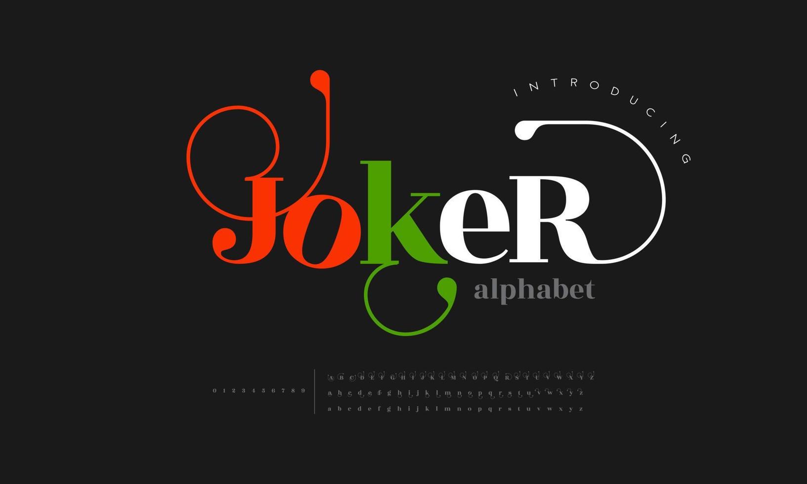 joker mode Police de caractère alphabet. minimal moderne Urbain polices pour logo, marque etc. typographie police de caractères majuscule minuscule et nombre. vecteur illustration