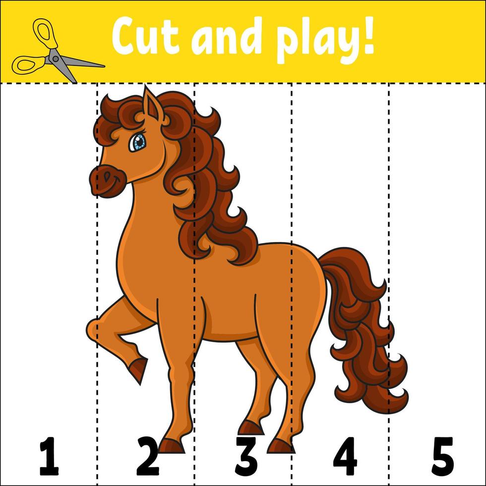 apprentissage Nombres 1-5. mignonne cheval. ferme animal. Couper et jouer. éducation feuille de travail. Jeu pour enfants. Couleur activité page. puzzle pour les enfants. énigme pour préscolaire. vecteur illustration. nègre style.