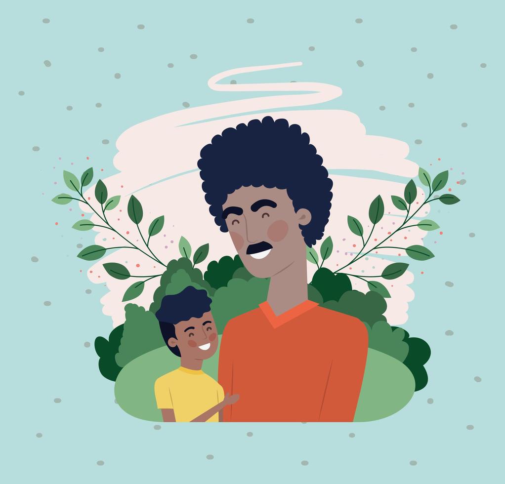 carte de fête des pères heureuse avec des personnages de papa et fils noirs vecteur