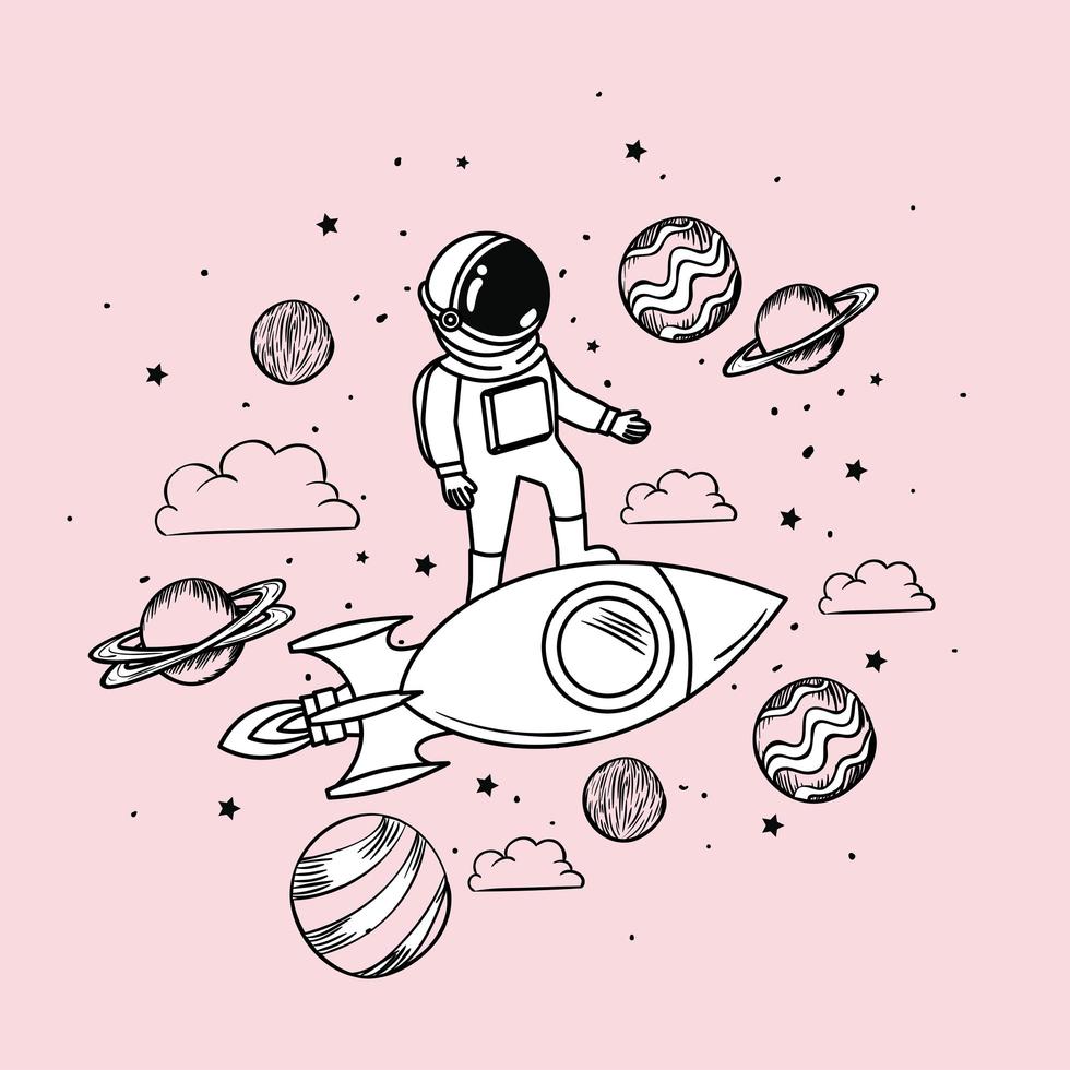 dessin d & # 39; astronaute avec conception de fusées et de planètes vecteur