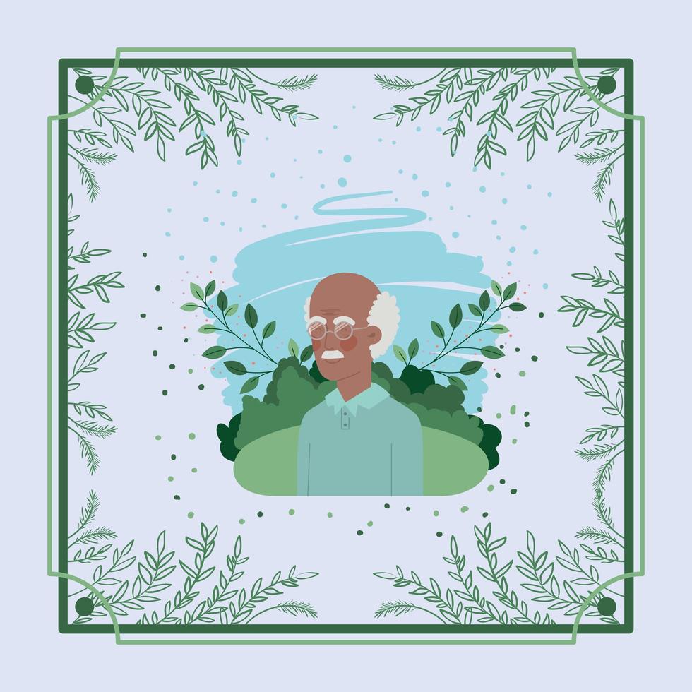carte de vieil homme afro avec cadre à base de plantes vecteur