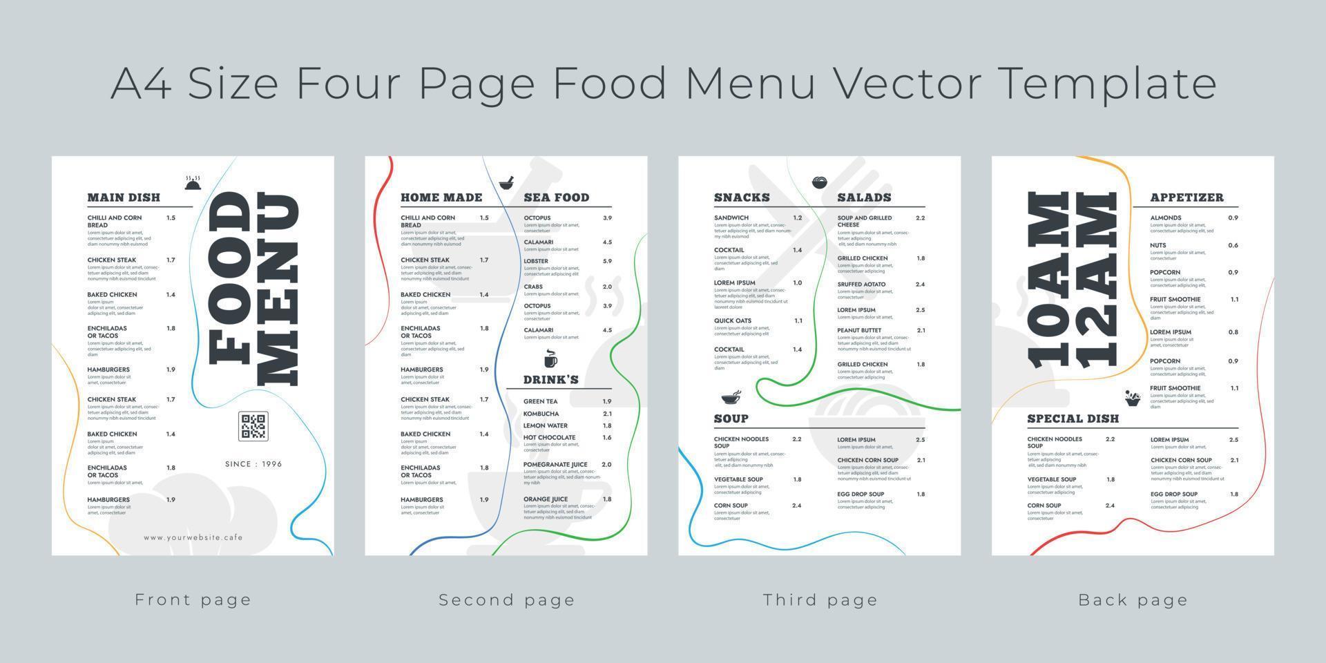 restaurant café menu, modèle conception. a4 taille, quatre page nourriture menu vecteur modèle.