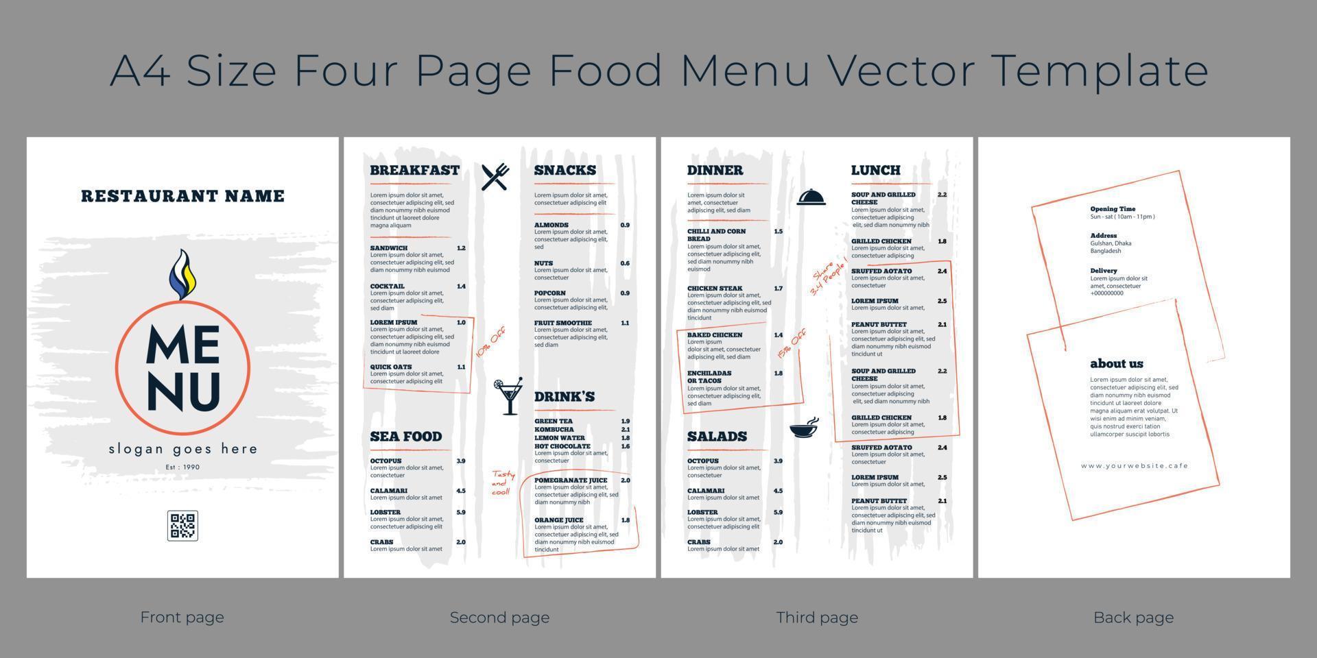 restaurant café menu, modèle conception. a4 taille, quatre page nourriture menu vecteur modèle.