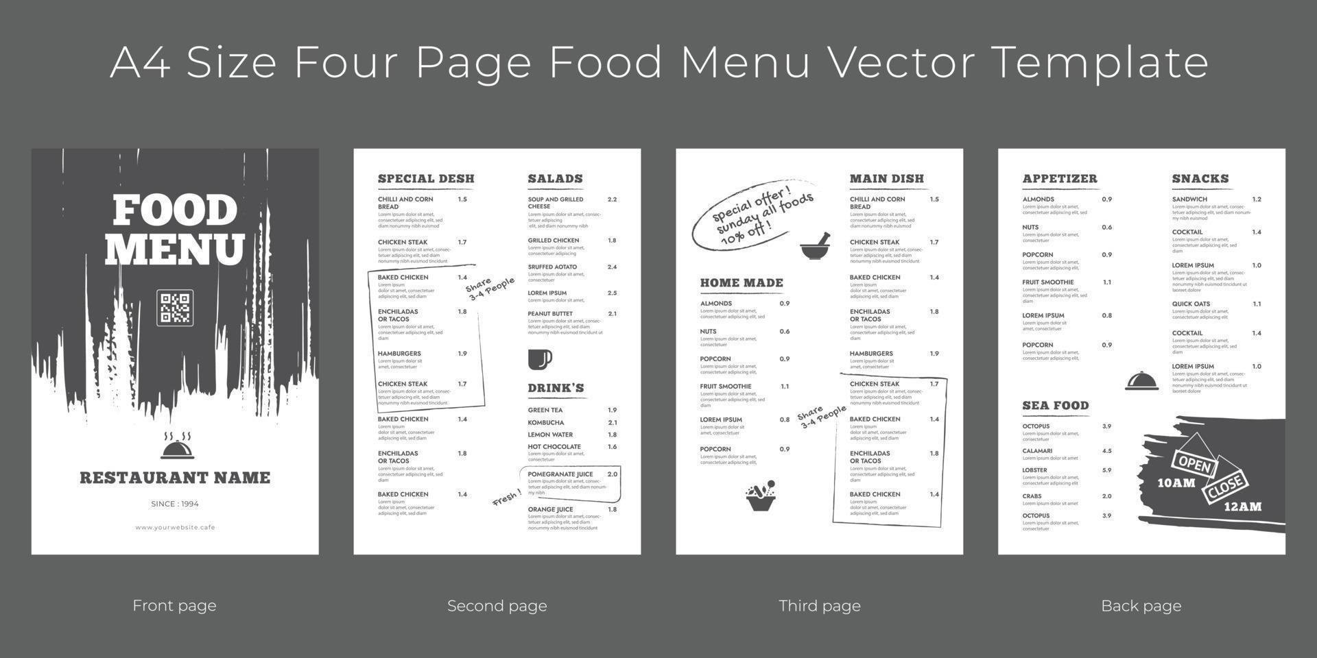 restaurant café menu, modèle conception. a4 taille, quatre page nourriture menu vecteur modèle.