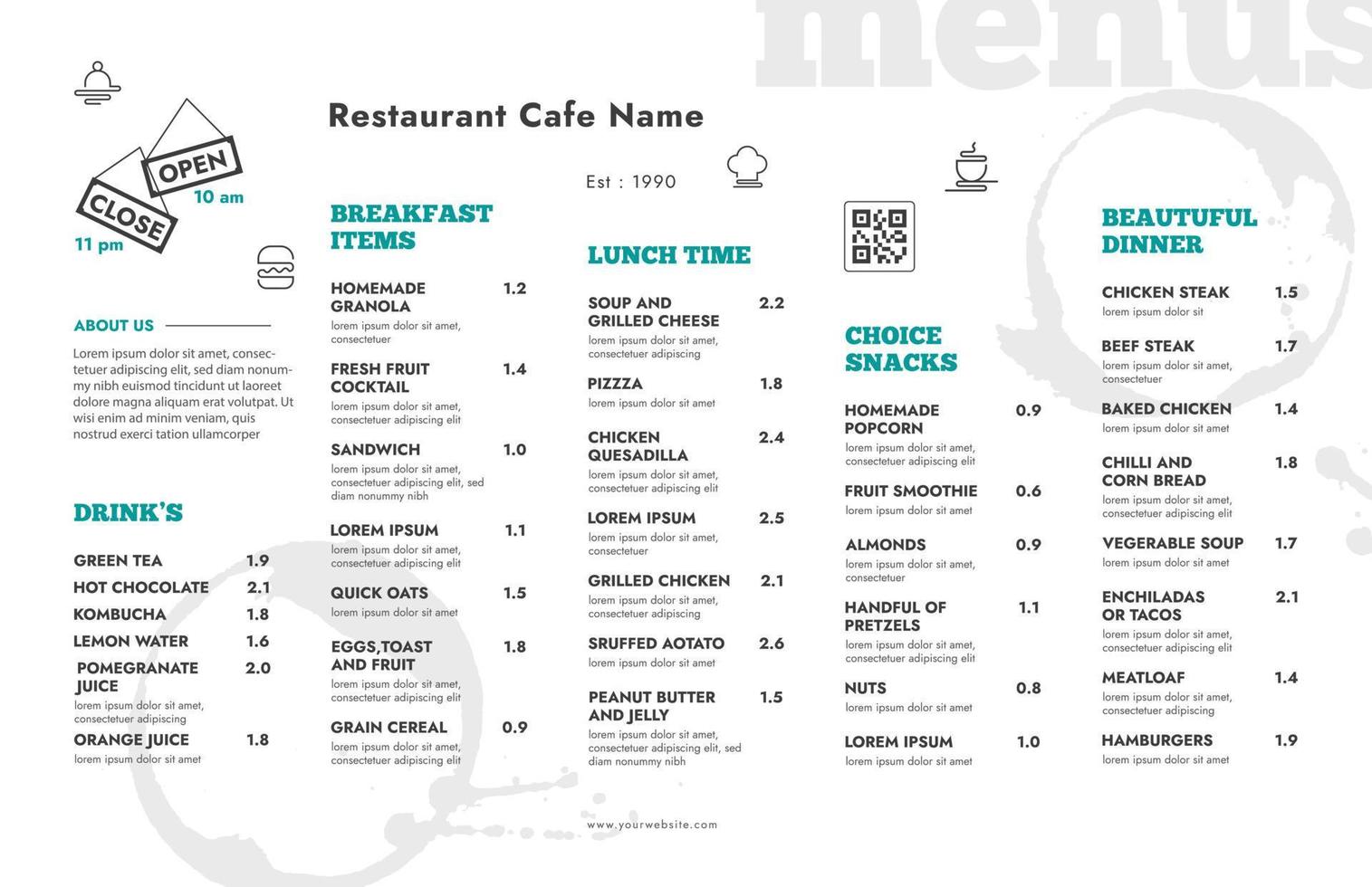 restaurant café menu, modèle conception. Célibataire page nourriture menu vecteur modèle.