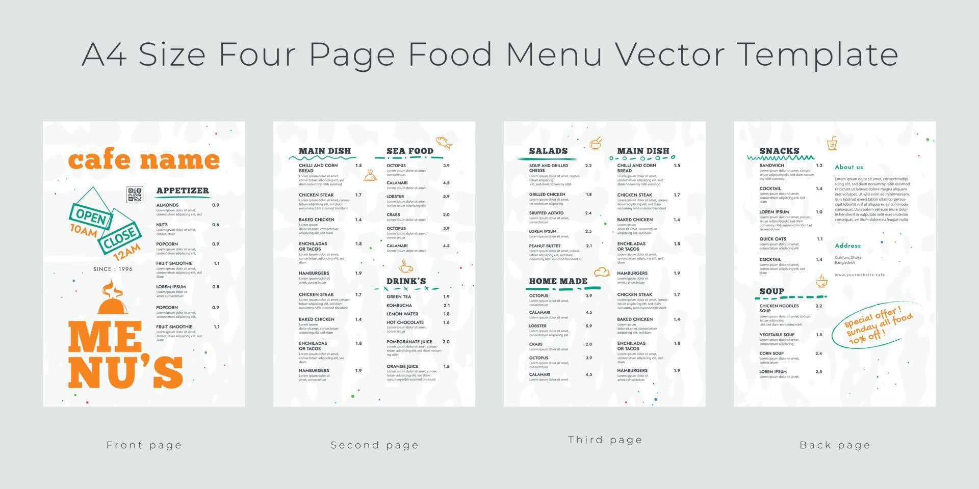 restaurant café menu, modèle conception. a4 taille, quatre page nourriture menu vecteur modèle.