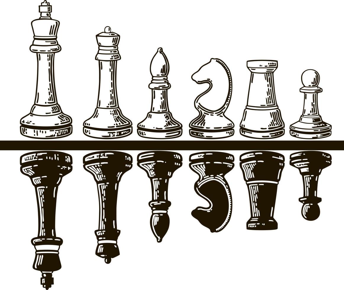 dessiné à la main esquisser ensemble de échecs pièces. échecs pièces. jouant. blanc et noir échecs pièces. copain. roi, reine, évêque, chevalier, tour, pion vecteur