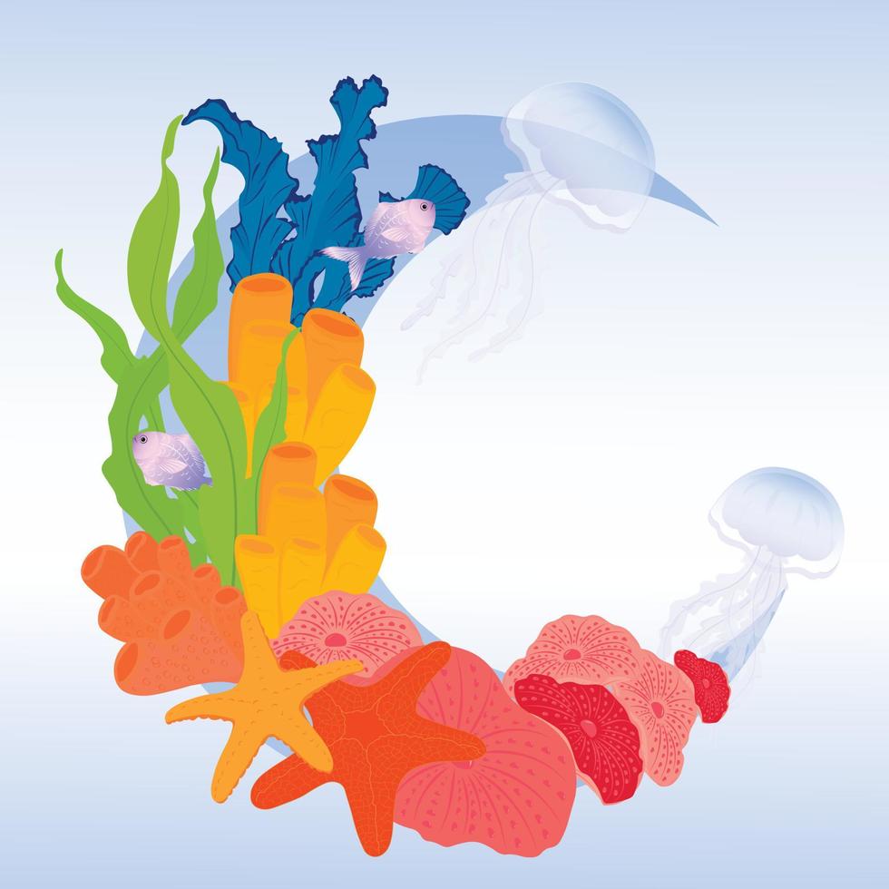 mer lune fantaisie. vecteur illustration de le sous-marin monde. corail récifs, méduse, algues. plongée logo. isolé sur une blanc Contexte.