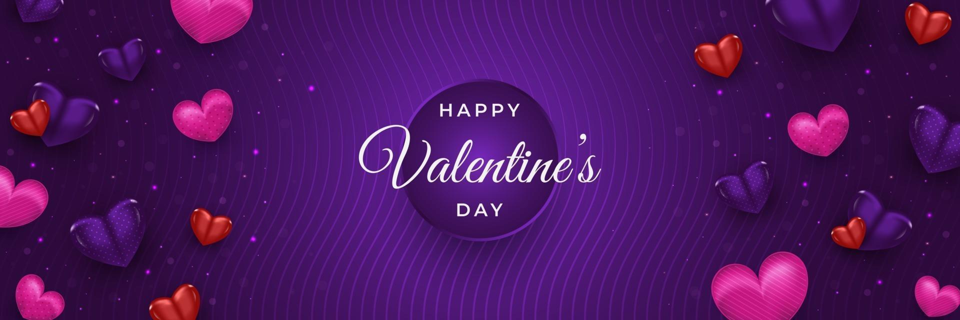 bonne bannière de la Saint-Valentin ou une affiche pour en-tête avec des coeurs colorés réalistes répartis sur fond violet vecteur