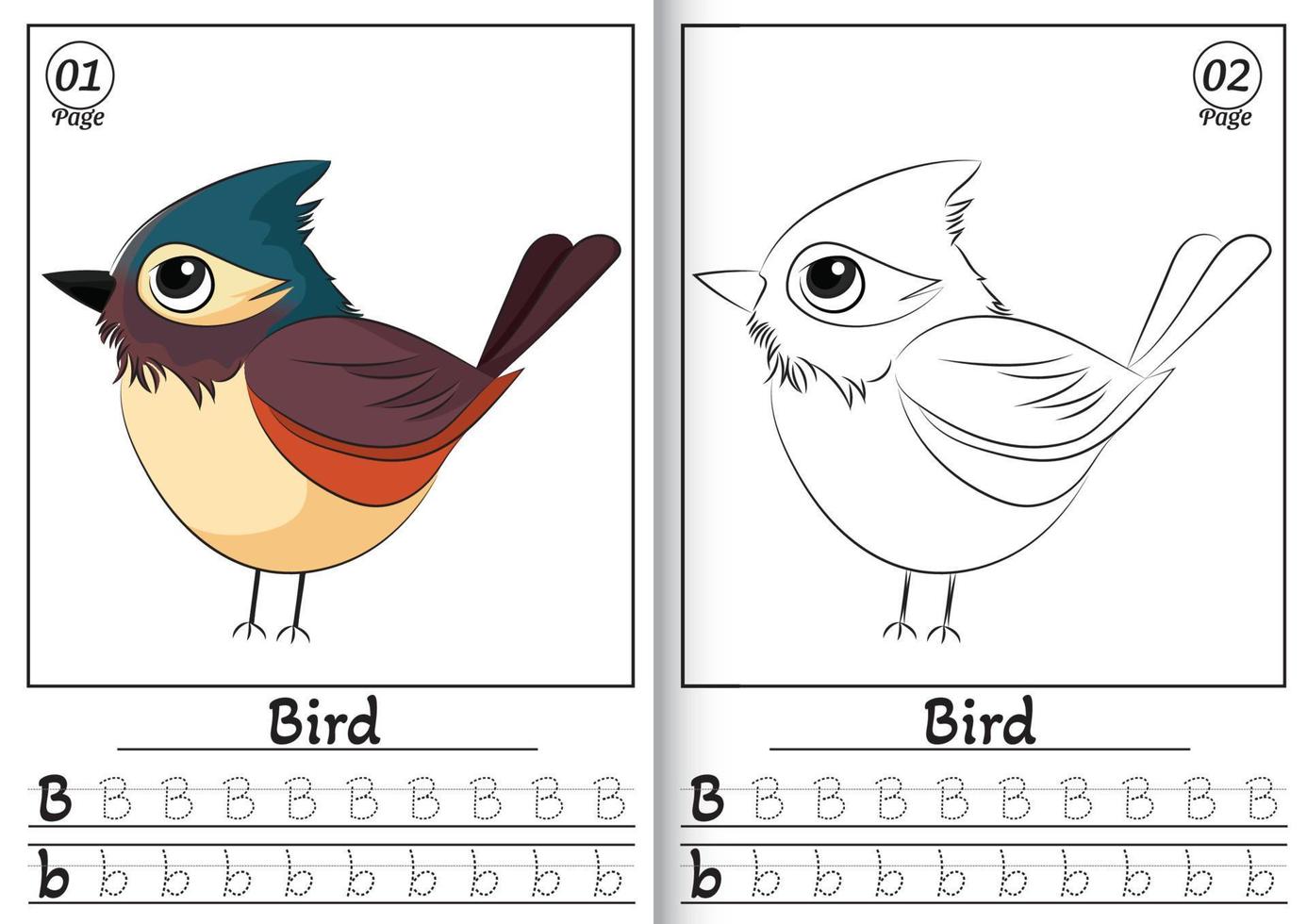 oiseau alphabet abc coloration page b. mignonne dessin animé oiseau isolé sur une blanc Contexte coloration page vecteur