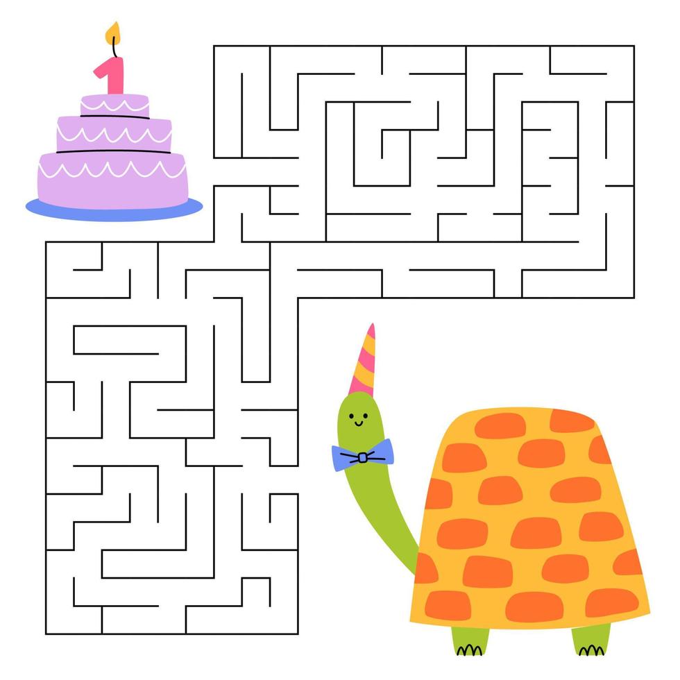 Labyrinthe Jeu pour enfants. amusement tortue à la recherche pour une façon à le gâteau. mignonne animal. imprimable feuille de travail. vecteur dessin animé illustration pour anniversaire.