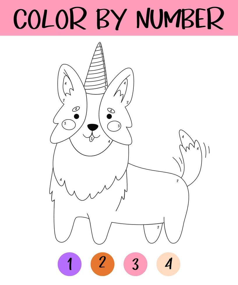 Couleur par nombre Jeu pour enfants. mignonne corgi anniversaire. content peu chiot coloration livre. kawaii chien. imprimable feuille de travail avec Solution pour école et préscolaire. apprentissage Nombres activité. vecteur