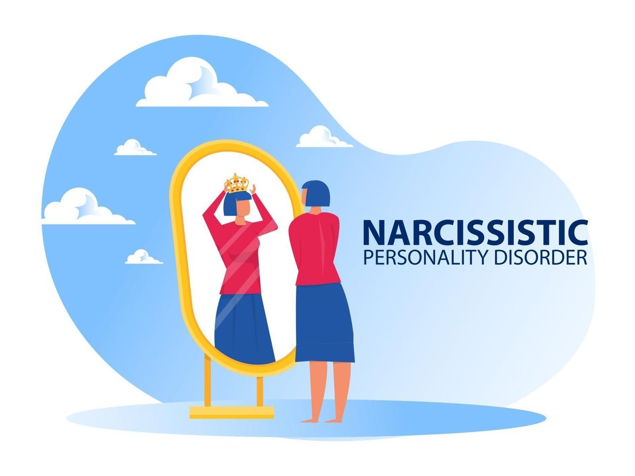 Femme à la recherche sur le miroir elle-même avec des symptômes de trouble de la personnalité narcissique vecteur