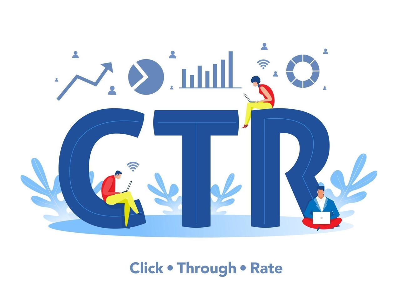 les gens de l & # 39; équipe travaillent et examinent le ctr, cliquez sur le taux de creux sur un gros mot ou un texte vecteur drapeau