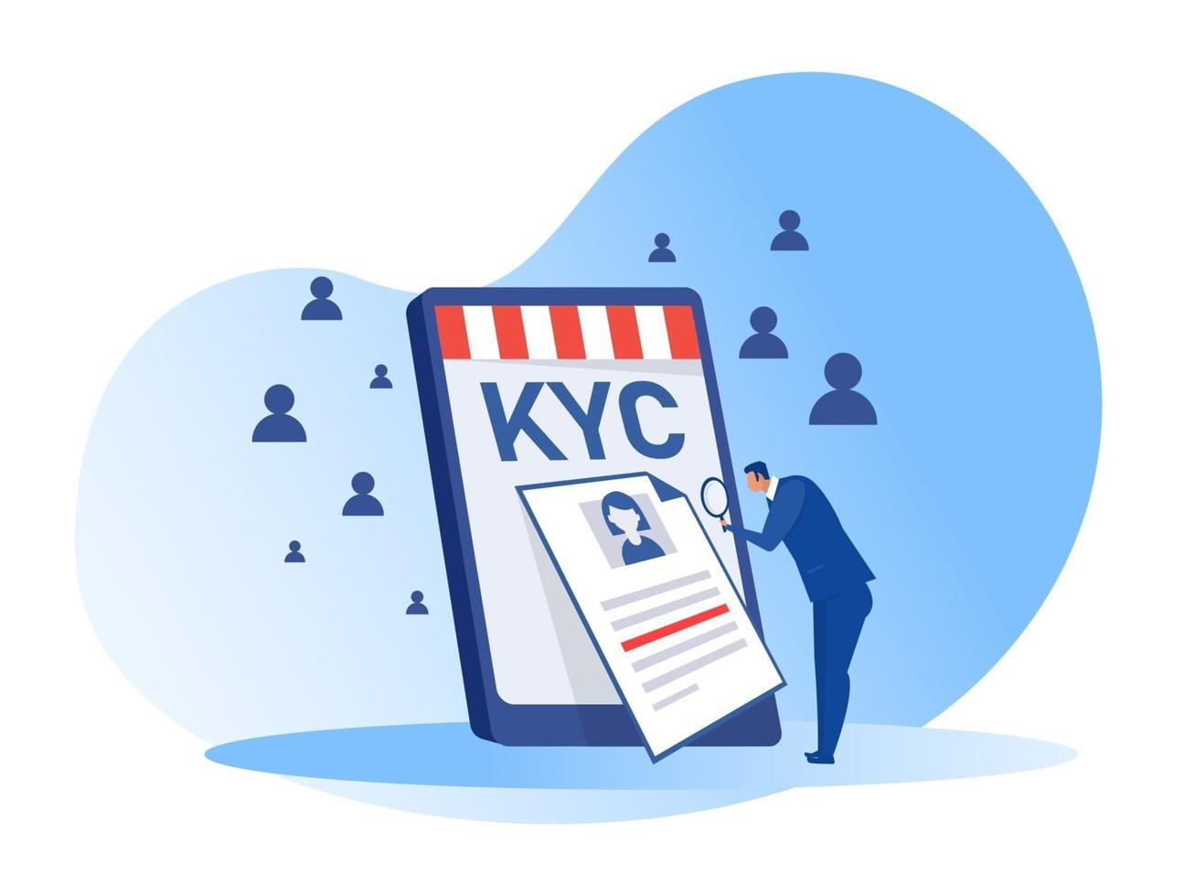 kyc ou connaissez votre client avec entreprise vérifiant l'identité de son concept de clients chez les futurs partenaires grâce à un illustrateur de vecteur en forme de loupe