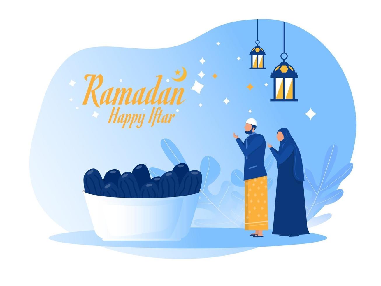 homme mari femme femme religieux fête de jeûne islamique ramadan kareem, iftar avec illustration vecteur