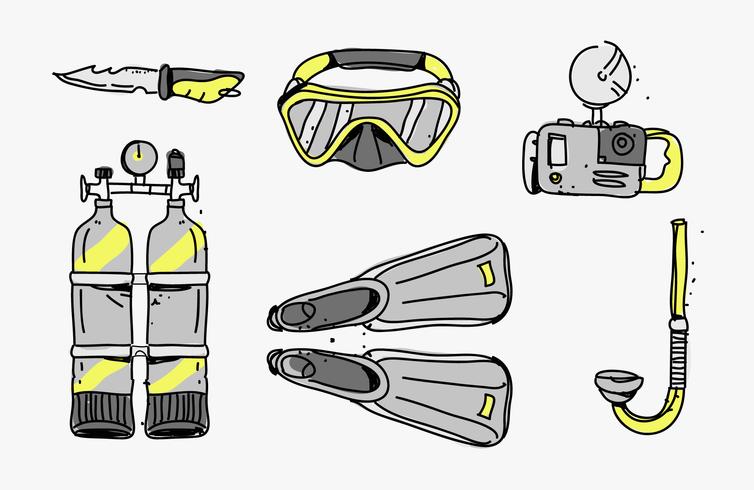 Ensemble de démarreur dessinés à la main de plongée sous-marine outils Vector Illustration