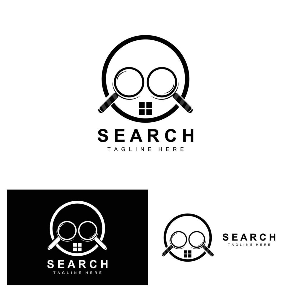 création de logo de recherche, illustration de détective, recherche de domicile, lentille en verre, vecteur de marque d'entreprise