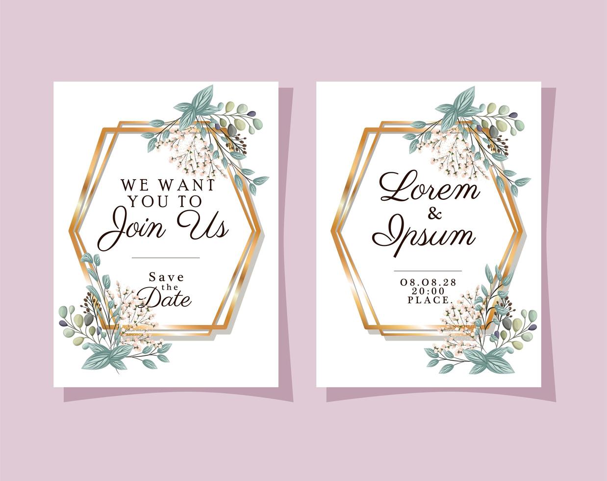 deux invitations de mariage avec des cadres en or fleurs et feuilles vector design