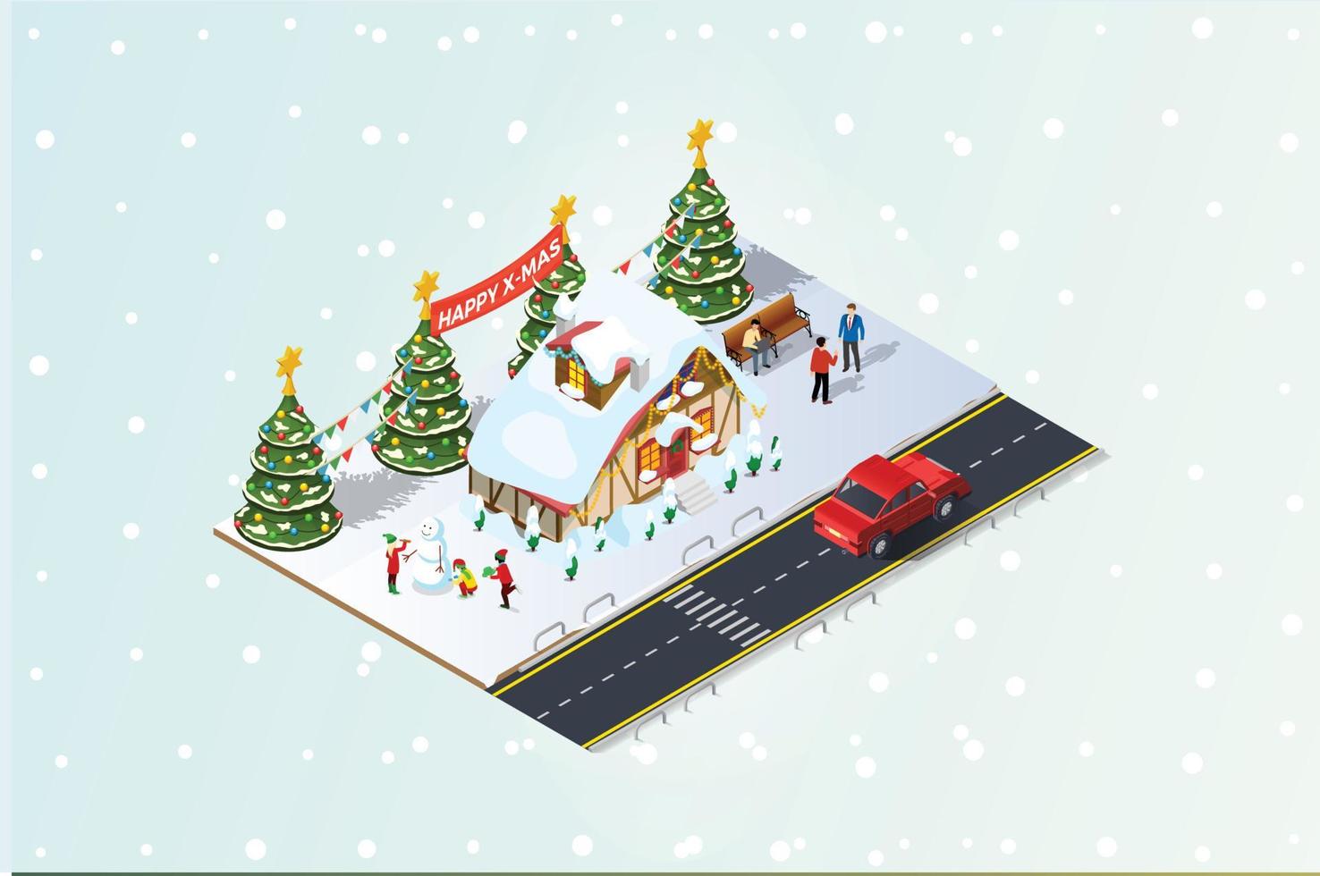 isométrique illustrationheureux gens recueillir ensemble et célébrer Noël autour le arbre en dessous de le neige, adapté pour schémas, infographies, livre illustration, et autre graphique en relation les atouts vecteur