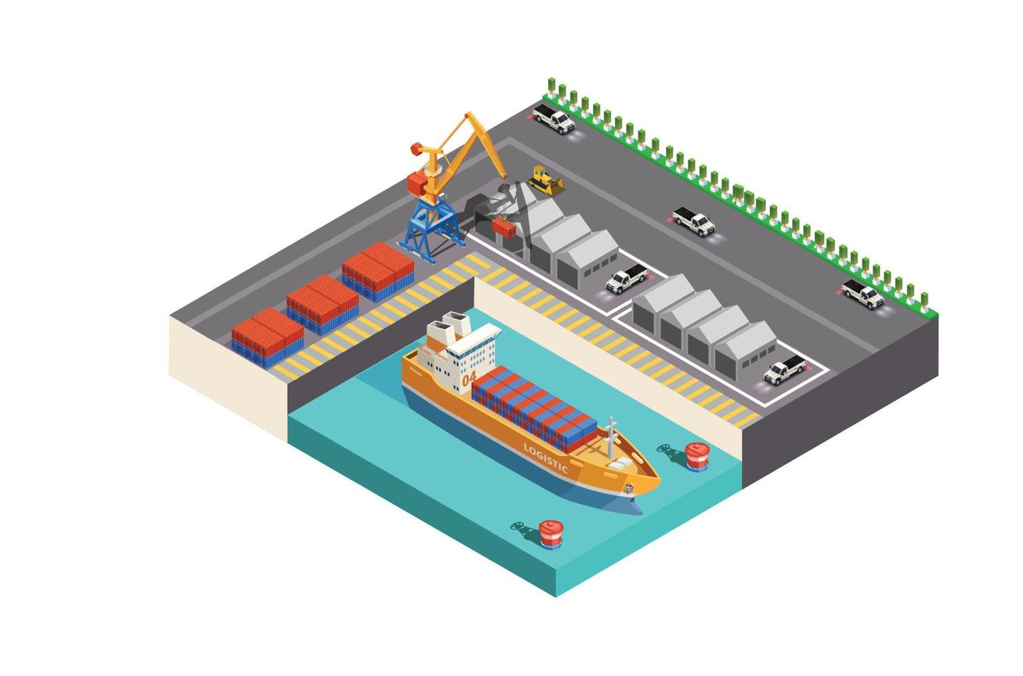 moderne vecteur isométrique icône ou infographie élément représentant faible poly cargaison Port avec grues chargement conteneurs sur le récipient bateau, camions, chariots élévateurs