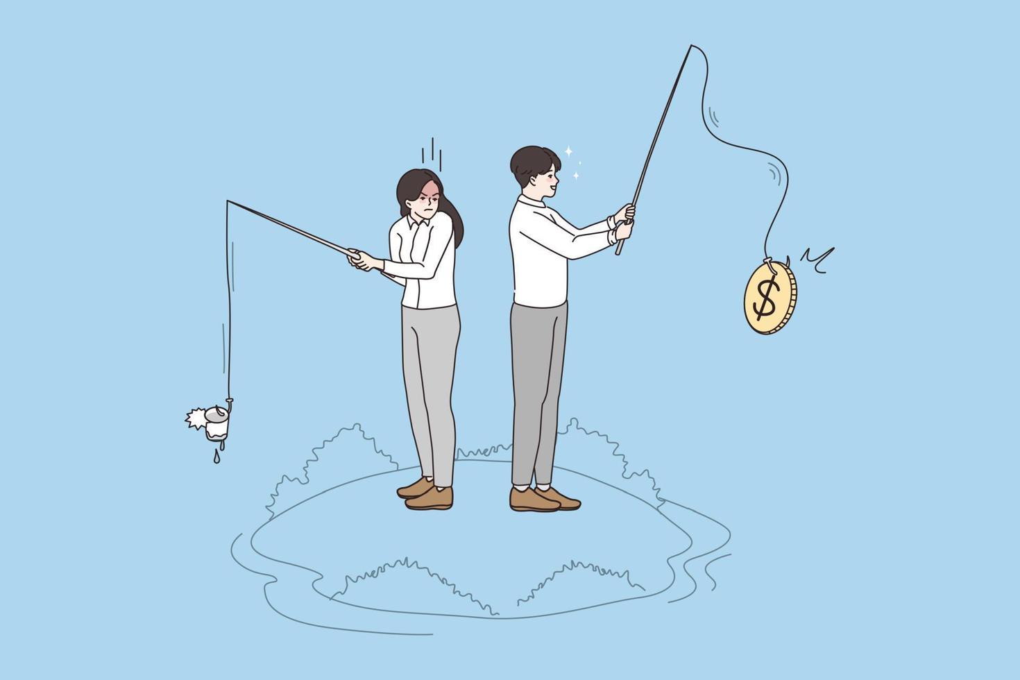 hommes d'affaires rivaux avec barre pêche pour argent revenu ou revenu. homme et femme concurrents s'efforcer pour succès, avoir différent profit. affaires jalousie, rivalité concept. plat vecteur illustration.