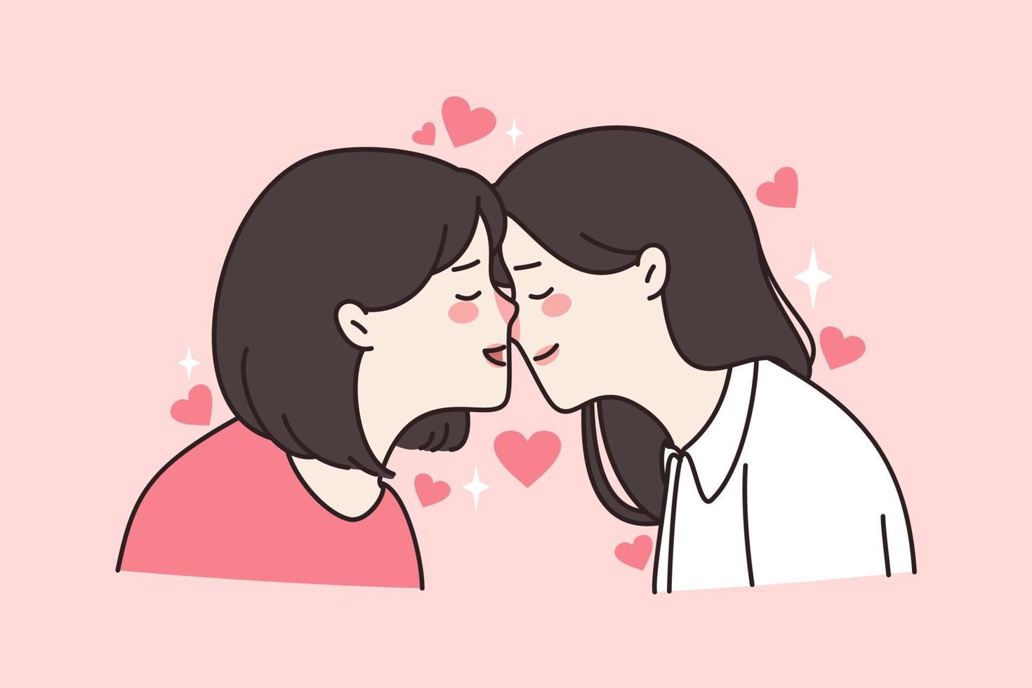 femmes les amoureux lesbiennes baiser spectacle l'amour affection. homosexuel couple de les filles démontrer sentiments. lgbt société droits, homosexualité concept. dessin animé personnage, plat vecteur illustration.