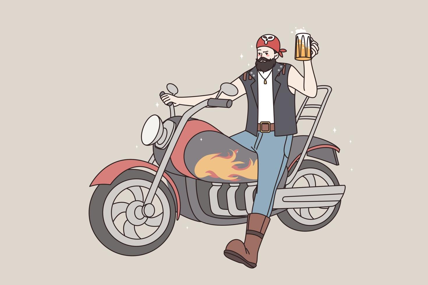 cool barbu homme motard asseoir sur moto en buvant bière. brutal Masculin bascule sur moteur bicyclette prendre plaisir alcoolique boisson. sous-culture, virilité concept. plat vecteur illustration, dessin animé personnage.