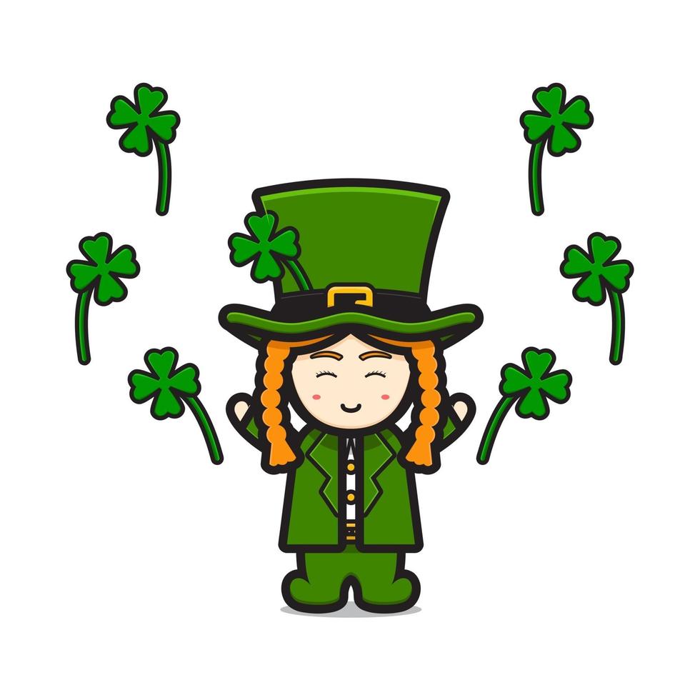 Caractère de jour de saint patrick de lutin mignon célébrer avec illustration d'icône de vecteur de dessin animé de trèfle