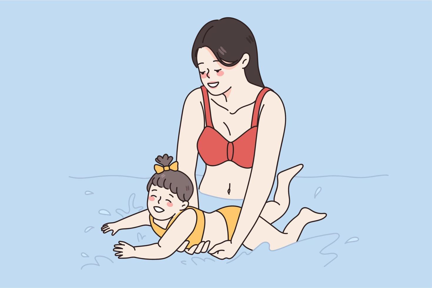 apprentissage à nager et content parentalité concept. souriant Jeune femme mère dans maillots de bain permanent en portant enseignement petit fille à nager vecteur illustration
