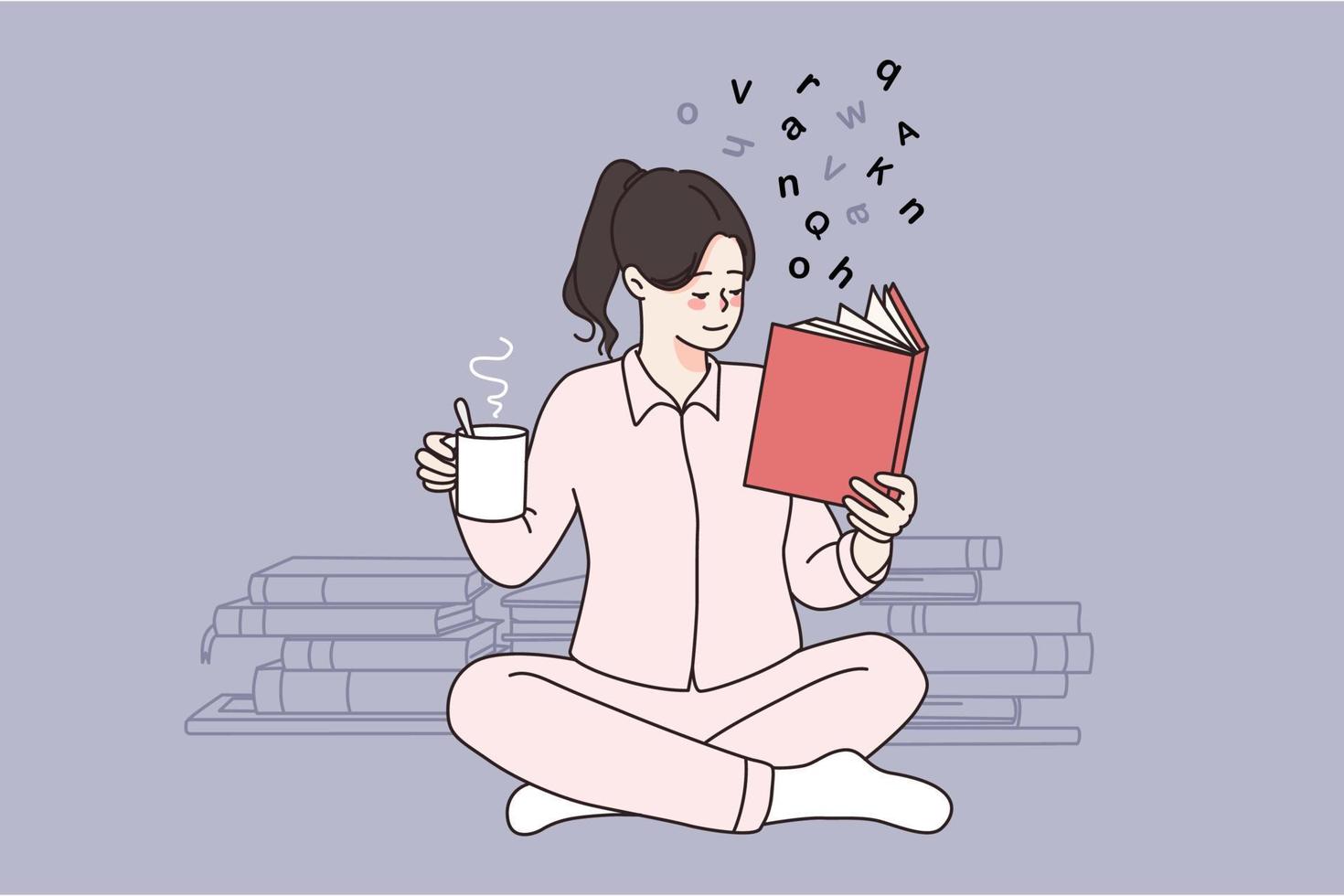 loisir et se détendre activité concept. Jeune souriant fille séance sur sol relaxant en train de lire livre en buvant thé ou café vecteur illustration