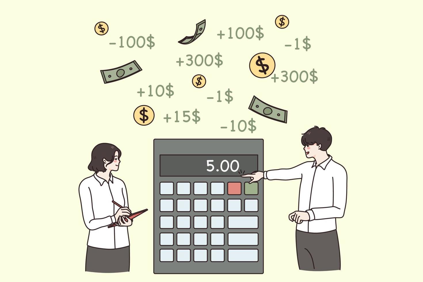 financier Les données et calculateur concept. positif asiatique homme et femme collègues permanent et calculateur les dépenses et financier situation vecteur illustration