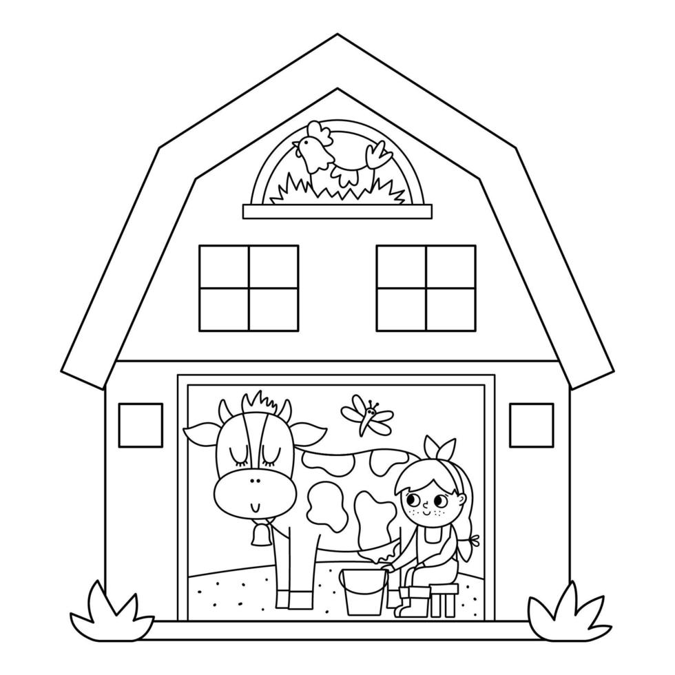 vecteur noir et blanc Grange icône avec fille traite vache à l'intérieur. contour ferme cabanon coloration page. bûcher avec les fenêtres et poule dans le nid. rural ou jardin appentis illustration