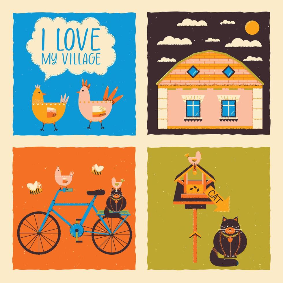 vecteur illustration sur le thème de le village avec animaux, chat, poulet, les abeilles sur vélo, oiseau mangeoire, loger, texte je l'amour le village.