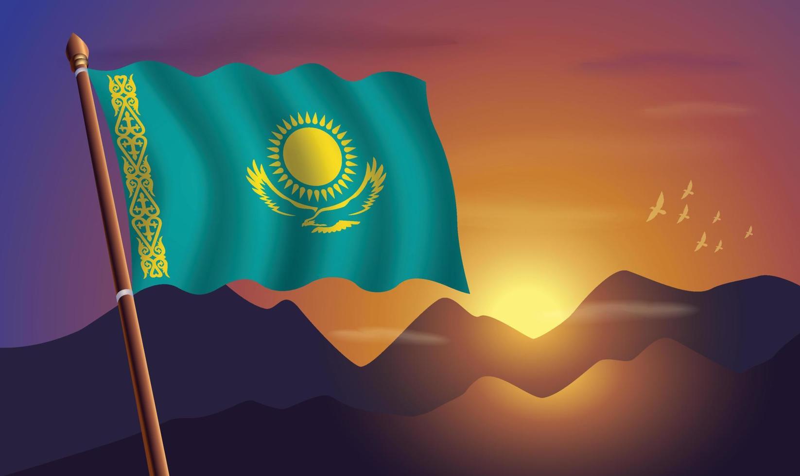 kazakhstan drapeau avec montagnes et le coucher du soleil dans le Contexte vecteur