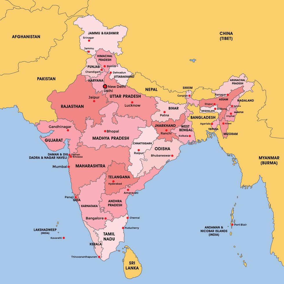 Inde carte avec alentours les frontières vecteur