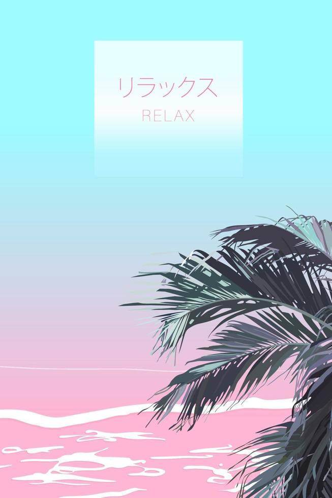 vecteur de style plat vaporwave feuille de palmier. douce plage pastel. avec un espace pour le texte. sentiment esthétique d'émotion nostalgique