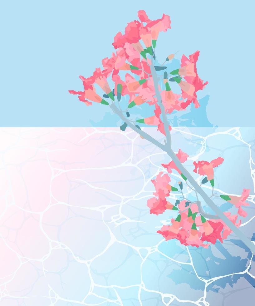 fleur d'arbre trompette. isoler sur fond de piscine rose et bleu pastel doux. style plat minimal art vectoriel. sentiment esthétique nostalgique de l'été. vecteur
