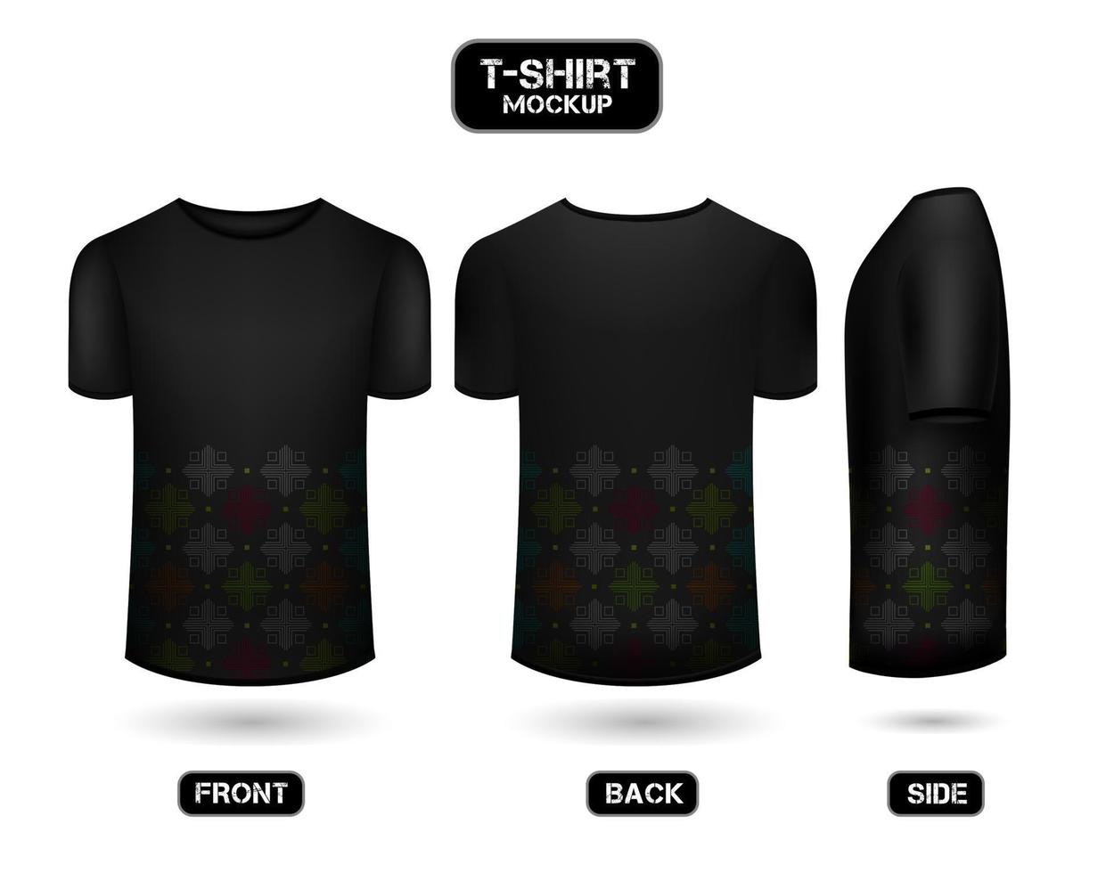 plaine noir T-shirt conception, avec batik motif. devant, retour et côté voir, 3d style T-shirt maquette vecteur